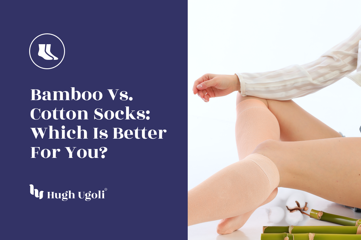 Person wearing beige socks sitting on the floor, with bamboo sticks and cotton plants in the foreground, illustrating the comparison between bamboo and cotton socks.